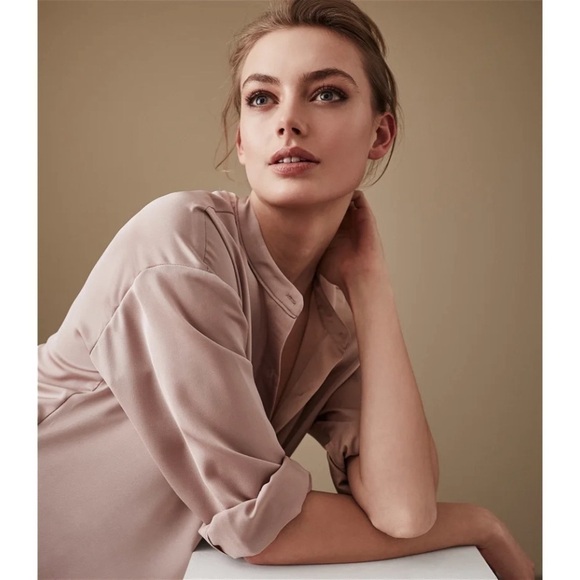 REISS Blush Satin Long Sleeve Band Collar Button Front Oversized Shirt Dress 6 - Picture 2 of 10
